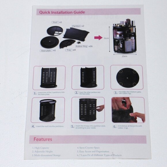 360 Rotating Makeup Organizer Adjustable Bathroom Makeup Spinning Large Black - Picture 4 of 5